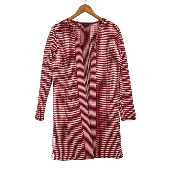 Talbots Sweaters - Talbots Pure Merino Wool Red Ivory Textured Knit Open Long Cardigan Classic Chic